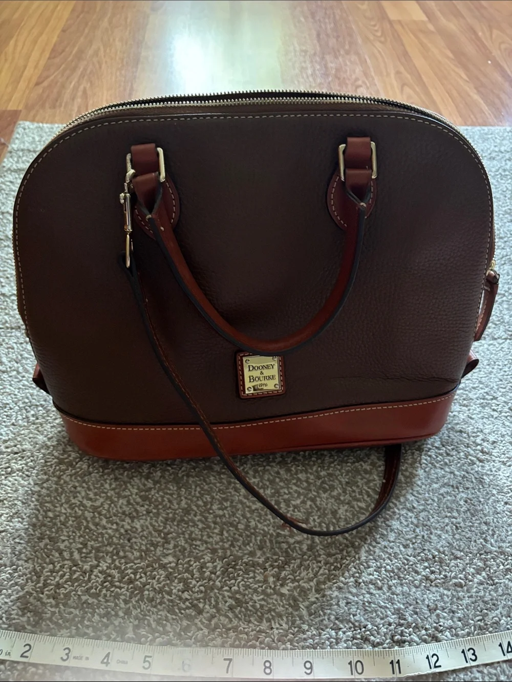 Dooney & Bourke Brown Pebbled Leather Dome Satchel with Tan Trim